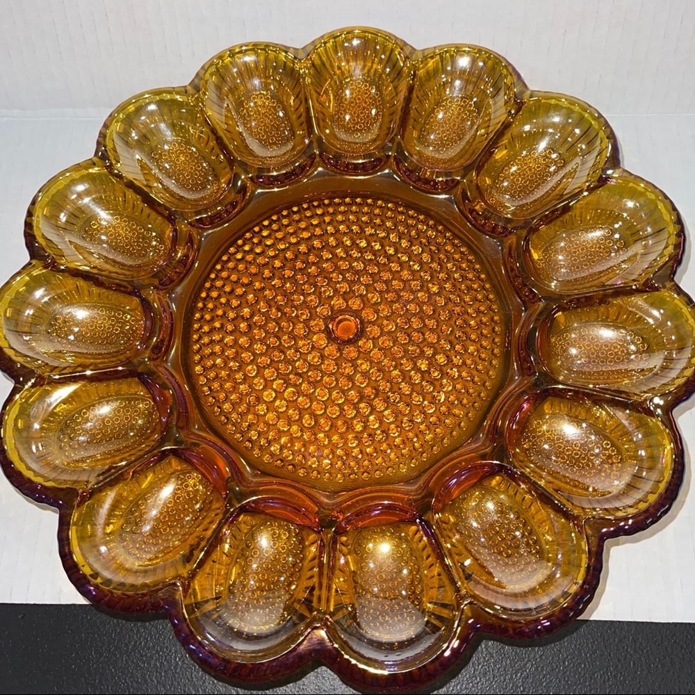 Hobnail Amber Carnival by Indiana Glass 11" Deviled Egg 15 Egg Serving Platter - Picture 2 of 7